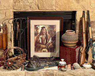 Framed Indian Print, Wrought Iron Fireplace Tools, Southwest Basket, Time-Life Book Set “The American Indians”, Native American Pottery, BB Guns
