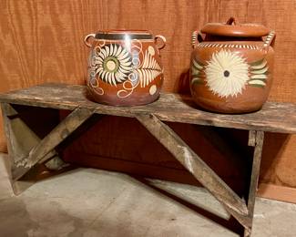 Old Bench, Vintage Terra Cotta Large Floral Bean Pots