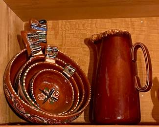 Set of 4 Vintage Tlaquepaque Terra Cotta Pottery Nesting Bowls, Vintage Brown Drip Pitcher