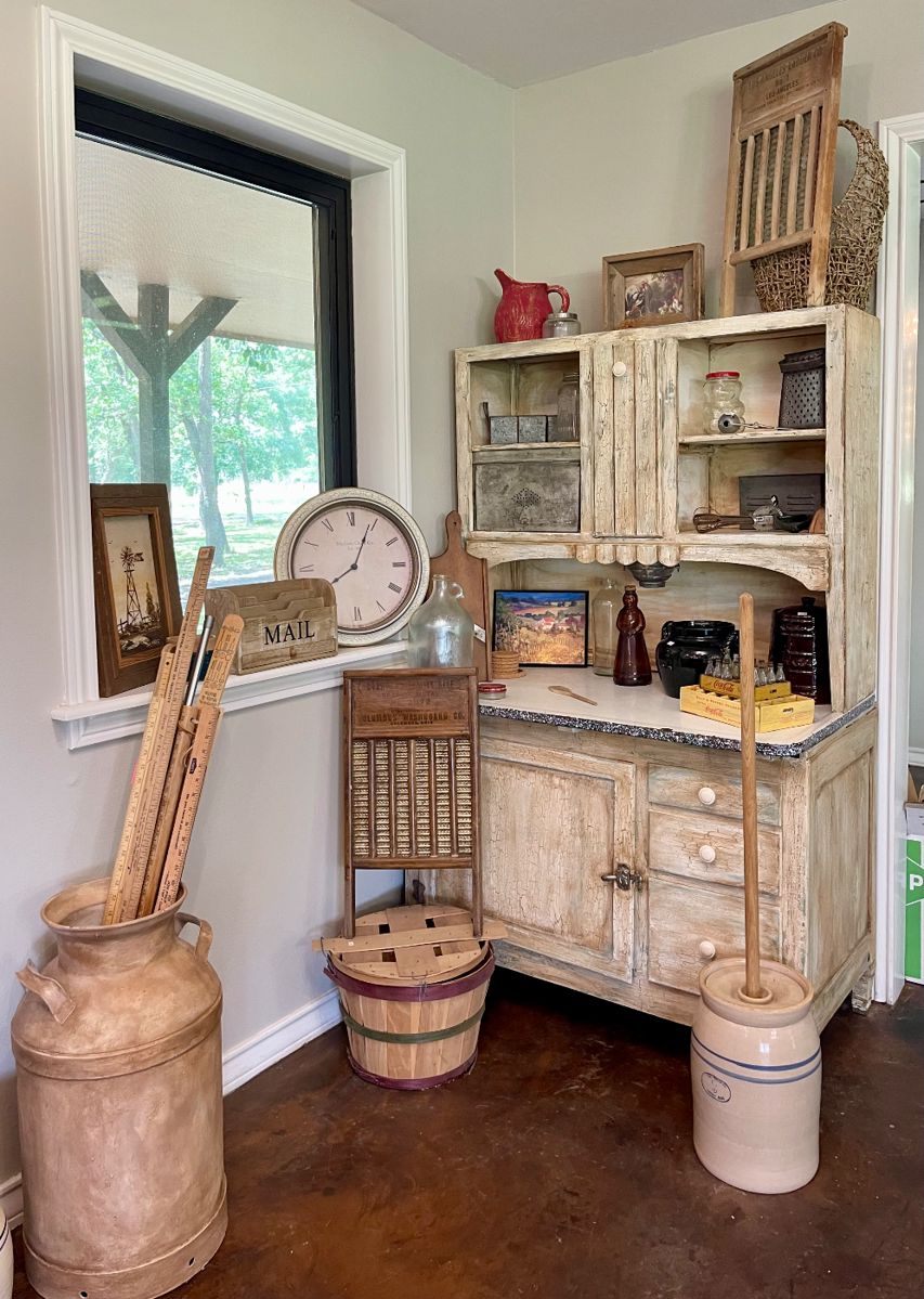 Antique Distressed Hoosier Cabinet,  Antique Milk Can, Marshall Pottery 3 gallon Butter Churn, Wooden Washboards