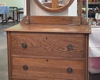 Antique Dresser With Round Beveled Mirror