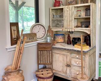 Antique Distressed Hoosier Cabinet,  Antique Milk Can, Marshall Pottery 3 gallon Butter Churn, Wooden Washboards
