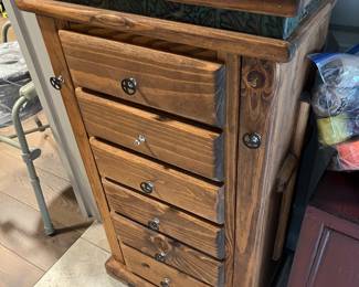 rustic pine jewelry chest with hand-tooled leather top and nail head trim