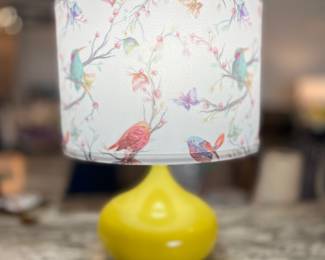 small yellow lamp with aviary shade, matching pair available