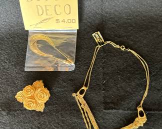 Vintage Fashion Accessories Lot - Boot Decoration, Gold-Tone Bracelet, and Flower Pin/Broach