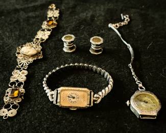 Elegant Vintage Jewelry Lot - Filigree Cameo Sterling Silver Bracelet, Watches, and Earrings Set