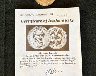 Lincoln "Double Eagle" Commemorative Coin with Certificate of Authenticity - Collectible Layered Gold Coin