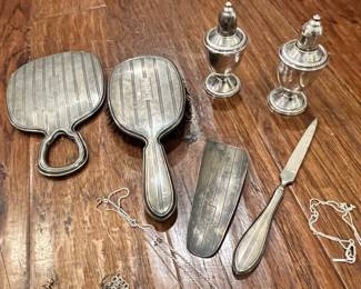 Large & thick Art Deco era sterling silver by Gorham mirror, brush, shoe horn & nail file ! 