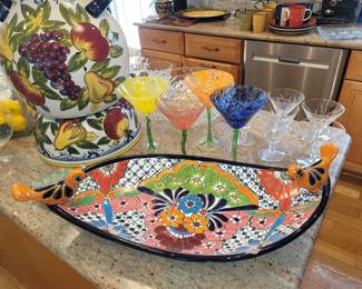 Mexican pottery. Nouveau speckled crooked stem margarita martini glasses 