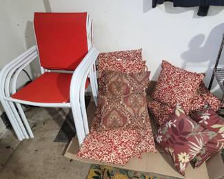 Patio stacking chairs. Patio pillows