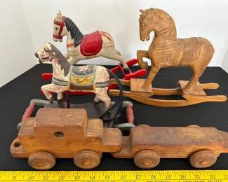 Wooden rocking horses and toys