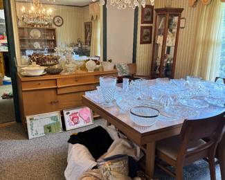 Mid Century Dining Set includes table, leaf, 6 chairs, Buffet, and a China Hutch, linens, glassware, small Curio Cabinet