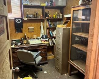Beautiful Oak Cabinet from the 40s and office items.  Lots of Georgia Tech items
