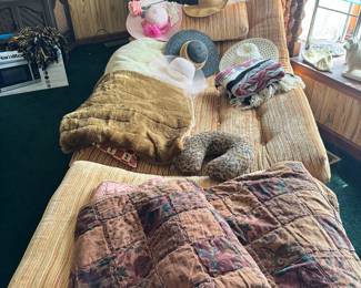 Large Chaise and Ottoman, Vintage Hats, Blankets and Quilts