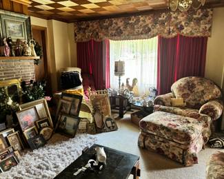 Red Chaise, Floral Chair and Ottoman, lots of pictures and mirrors