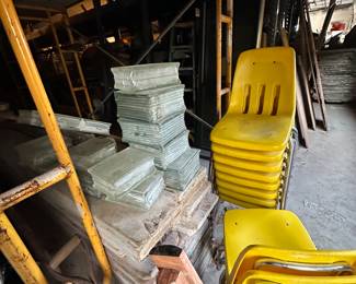 Yellow stackable vintage chairs - architect glass blocks