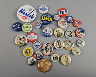 Lot 122 | Antique/Vintage Political Pinback Buttons. Some names include McKinley, Hoover, Truman, Roosevelt, Taft, FDR, Nixon, LBJ, Knox, Bryan, Goldwater, Dewey and many more