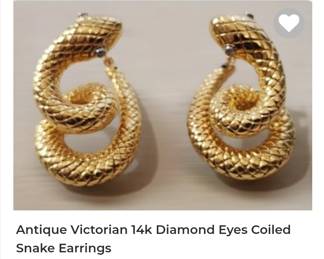 ANTIQUE 14k diamond eyes coiled snake earrings