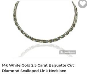 14k white gold 2.5 carat baguette cut diamond Scalloped Link Necklace