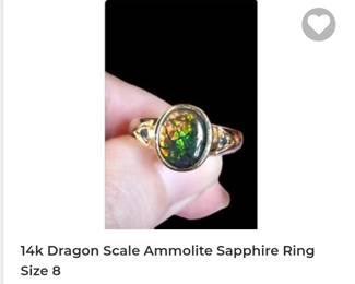 14k dragon scale ammolite sapphire ring