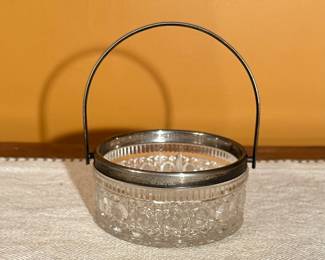 Cristal pressed glass button pattern basket bowl with silver plate rim