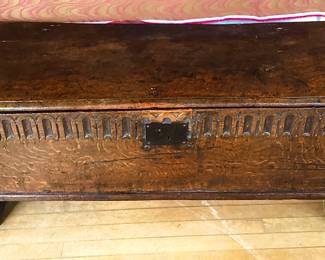 Charles II ( 17th C.) carved 6 board oak coffer / sword chest