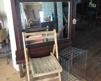 dresser mirror, wood folding chair, metal basket