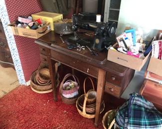 antique sewing machine, baskets
