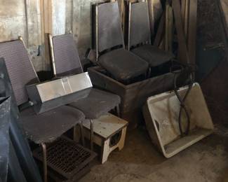 4 chairs, sink, antique floor register grates