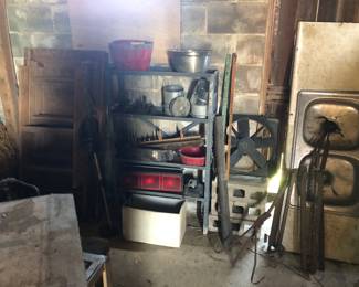 metal shelf, attic ladder, stainless steel sink