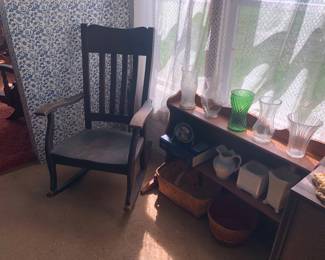 rocking chair, shelf, vases