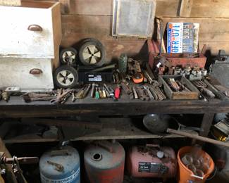 hand tools, drawers, gas cans