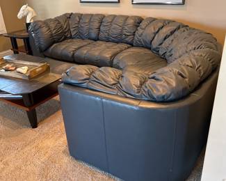 Navy Leather Sectional, 3 Pieces, 98" W (back piece) x 38" D x 19" (seat), 28" (arms/back), Side piece, 86" W $1500