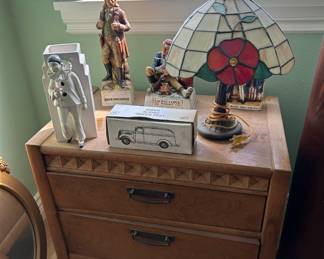 Broyhill Diamond Head Mid Century Modern Nightstand, Tiffany Style Table Lamp with Rose Design, 1970 Wild Bill Hickok McCormick Decanter,  Taste Setter by Sigma Art Deco Pierrot Clown Vase, Lionstone "Winter at Valley Forge" Whisky Decanter, Ertl 1938 Panel Truck Bank Sohio Motor Oil - #3940