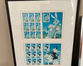 Framed 1997 Bugs Bunny Looney Tunes USPS 32 Cent Stamps & 1999 Looney Tunes Daffy Duck USPS 33 Cent Stamps 