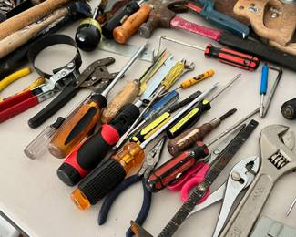 Assortment of Hand Tools - Hammers, Screwdrivers, Pliers, Wrenches, Sockets, Staple Guns, Clamps
