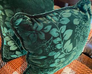 Pair of Green Velvet Throw Pillows with Vine Design