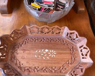 Hand Carved and Inlaid Wood Tray with Floral Design - Made in India