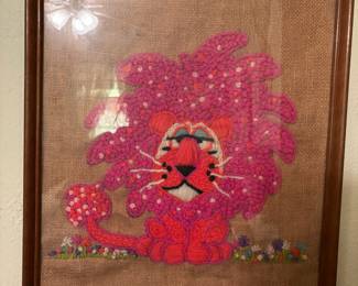 Mid Century Crewel Yarn Art & Burlap - Pink Lion & Flowers