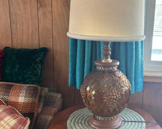 Mid Century Iridescent Amber Glass Lamp with Grape Pattern