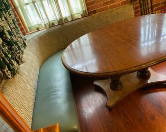 Mid Century Green/Geometric Pattern Corner Booth Seating, Solid Oak Oval Dining Table 