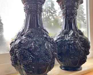 Pair of Circa 1940's Black Tibetan Vases with Grape Design