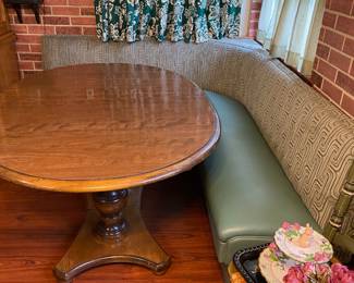 Mid Century Green/Geometric Pattern Corner Booth Seating, Solid Oak Oval Dining Table 