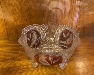Edle Hofbauer Lead Crystal Ruby & Clear Footed Bowl with Bird Motif 