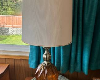 Mid Century Amber Glass and Scrolled Metal Table Lamp