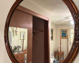 Brass Tone Circular Mirror with Floral Design