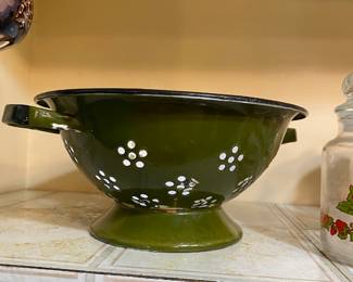 Olive Green Enamelware Colander Bowl - Made in Japan 