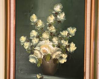 Framed White Roses in Vase Oil Painting 