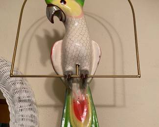 Hand Painted Paper Mache Parrot on Perch - Made in Mexico
