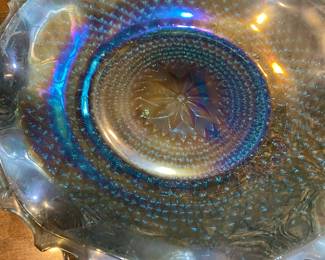 Blue Carnival Glass Ruffled Edges Console Dish